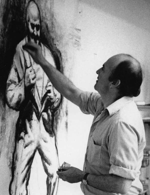 Artist Sidney Goodman working in his studio
